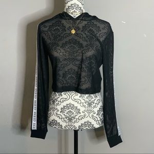 Black Mesh Logo Cropped Hoodie